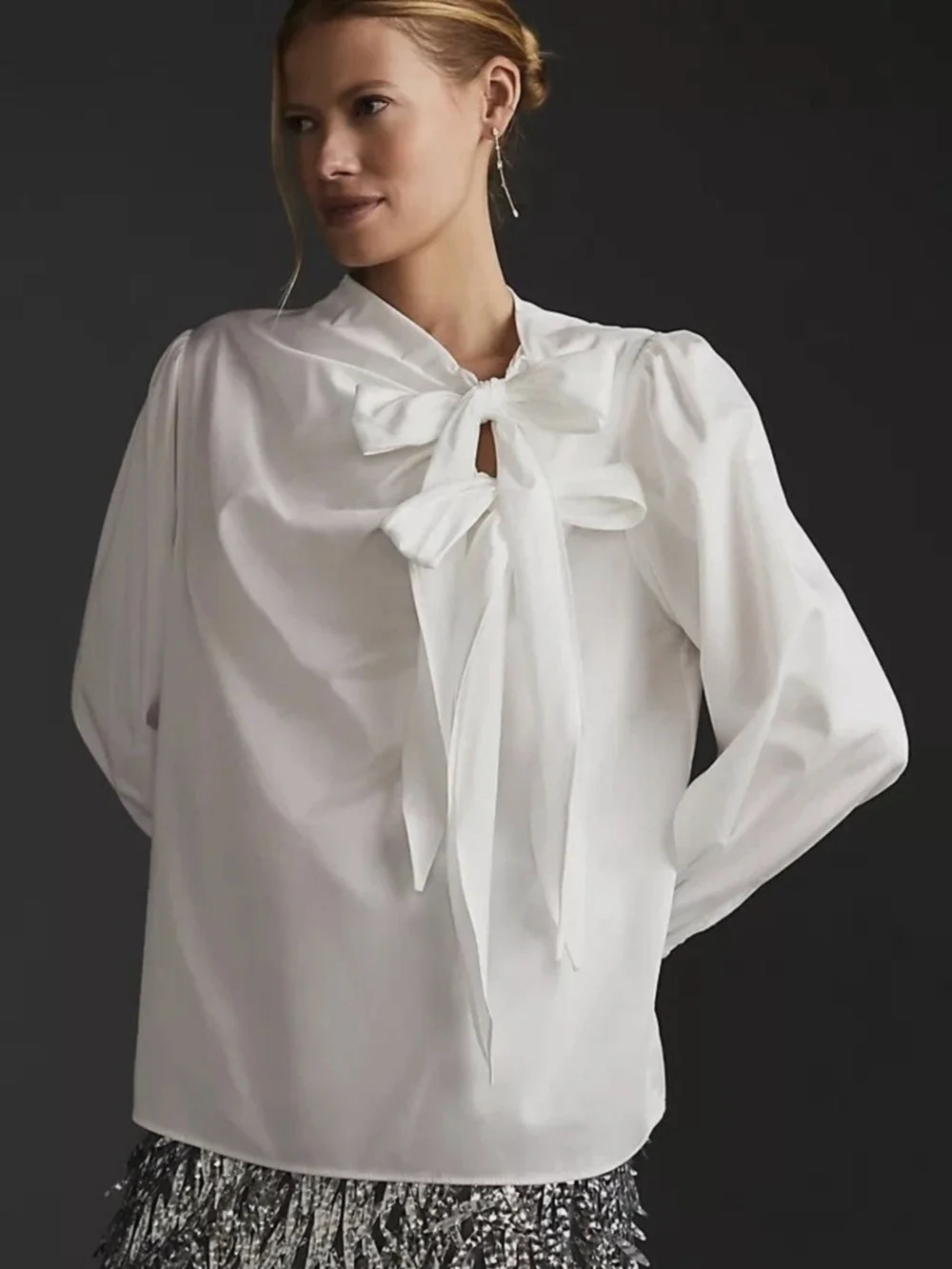 Anthropologie White Bow-Tie Puff Sleeve Blouse Size Small